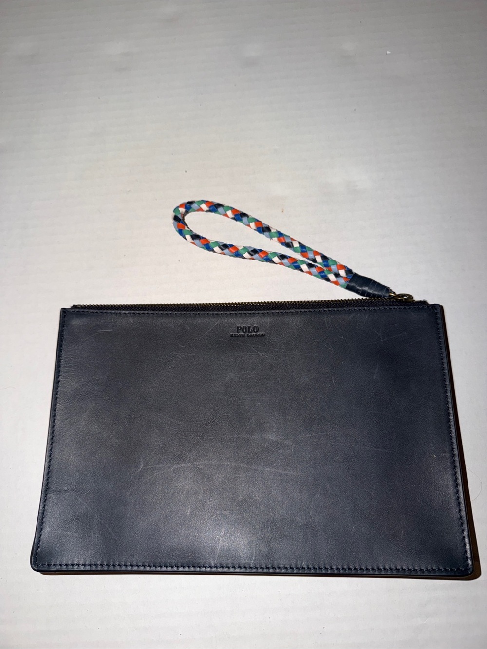Polo by Ralph Lauren Navy Leather Wristlet with Multicolor Braided Strap